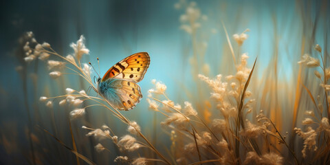 Fototapeta na wymiar Butterfly on grass with brown wild flowers