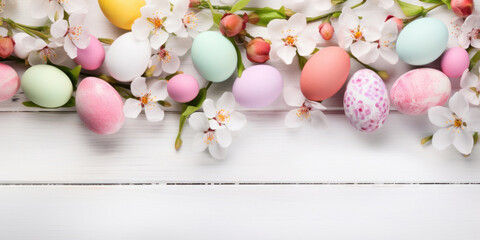 Obraz na płótnie Canvas Colorful Easter eggs with spring blossom flowers over white wooden background