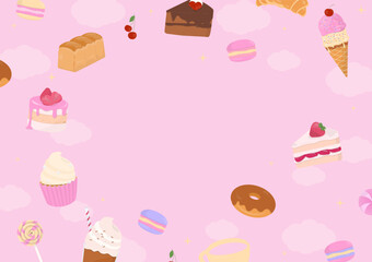 Dessert and drinks on pink background