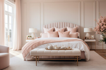 Elegant and Serene: A Dreamy Bedroom Interior Immersed in a Delicate Blush Pink Color Scheme
