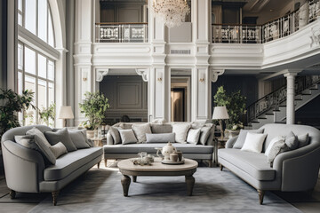 A Luxurious Living Room Interior in White and Silver Colors, adorned with Elegant Furniture and Chic Decor