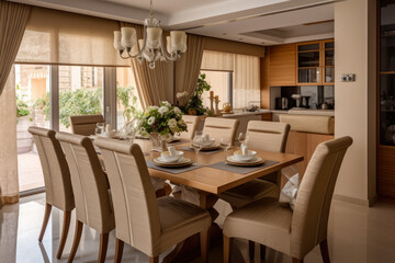 Elegant Dining Room with a Harmonious Blend of Brown and Beige Tones, Creating a Warm and Inviting Ambiance