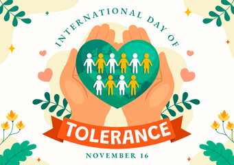 International Day for Tolerance Vector Illustration on November 16 with Holding Hands of Different Skin Color for Human Solidarity in Flat Cartoon