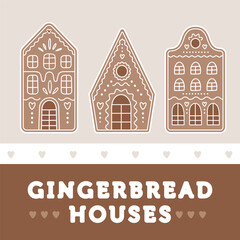 Poster with cartoon gingerbread houses with hearts 