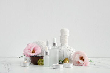 Set of spa supplies on white background