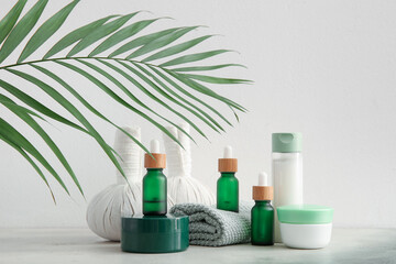 Set of spa supplies on white background