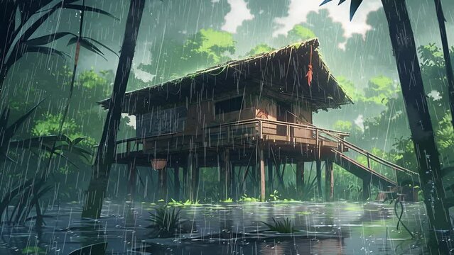 Rainforest, humid afternoon, stilt house, rain, water puddle, anime background
