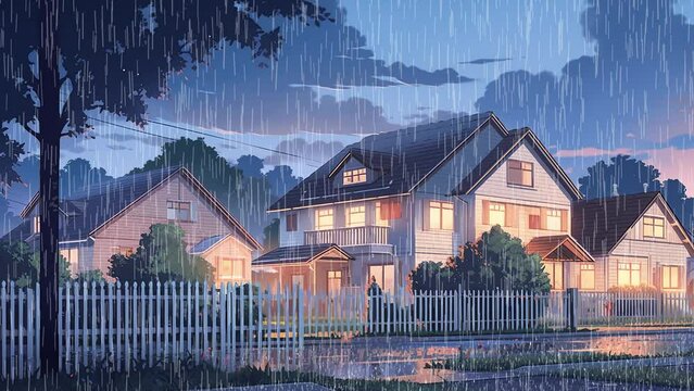 Suburbia, twilight, townhouse, rain, water puddle, anime animation
