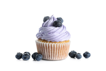 Tasty cupcake with blueberries on white background