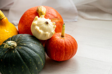 Colorful pumpkins in the interior of a bright living room