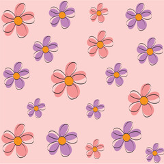 Hand drawn flowers background with black stroke and pink background