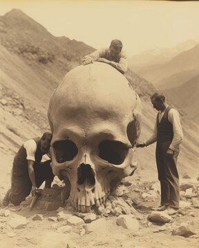 Image of archaeologists finding a giant skull in the desert mountains. Fantasy photo, created with artificial intelligence