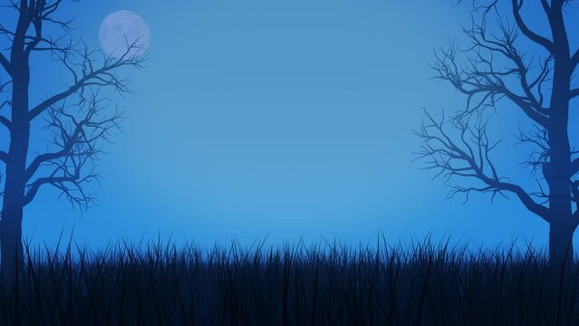 Animated frame of full moon with silhouette of a spooky tree and grass in a seamless loop with space for titles, text, or logos.
