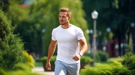 Zelfklevend Fotobehang Athletic model, jogging in the park, white blank T-shirt mock-up, lush greens, action shot. © The Humani Stock