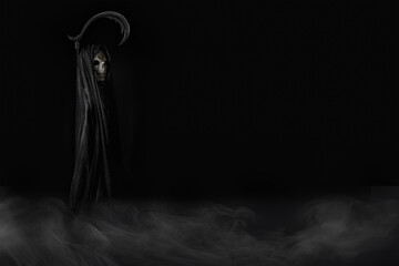 Halloween portrait of Grim reaper in black robe with scythe standing in the dark with flow of fog...