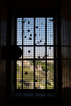 locks on bars in front of a window with a view