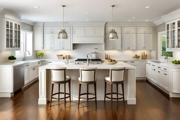 Styled Kitchen Interior. Stylish White Neutral Kitchen. White Cabinets with Stainless Steel Appliances and Tile Backsplash. Kitchen Interior Design. 3D Rendering