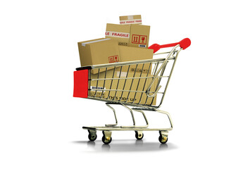 Online shopping and delivery service concept with shopping cart full of boxes 