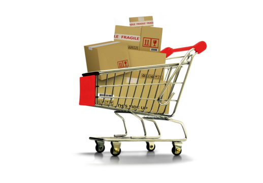 Online shopping and delivery service concept with shopping cart full of boxes 