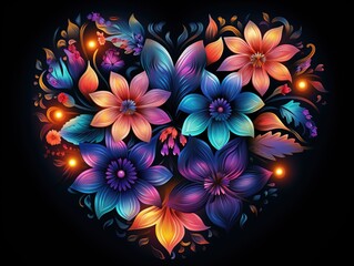 Multicolor neon light drawing, abstract heart shape flowers isolated on black background. Glowing line art. Festive concept for Valentine day, Generative Ai