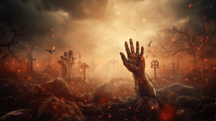 scary raising zombie's hand from graveyard. Halloween celebration background.   - obrazy, fototapety, plakaty
