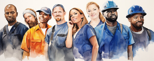 Watercolor Painting, Diverse Group of Blue Collar Men and Women Wearing Work Clothes, Generative AI