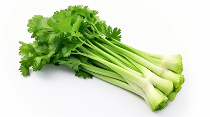 Craft a visually appealing representation of a bunch of celery stalks on a white isolated backdrop.