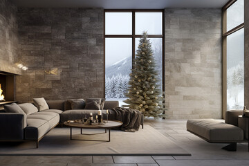Interior view modern living room, with high ceiling and stone tile wall and minimal furniture decorated with Christmas ornaments and outdoor forest in winter season. Generative AI. - obrazy, fototapety, plakaty
