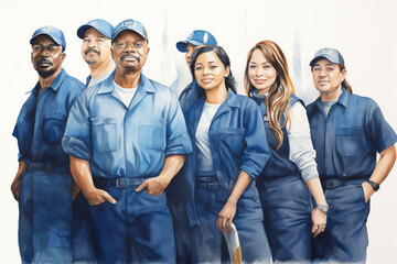 Fototapeta premium Watercolor Painting, Diverse Group of Blue Collar Men and Women Wearing Work Clothes, Generative AI