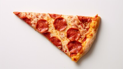 Craft an appetizing pizza slice that looks like a work of art, set against an all-white solid...