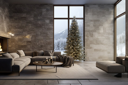 Interior view modern living room, with high ceiling and stone tile wall and minimal furniture decorated with Christmas ornaments and outdoor forest in winter season. Generative AI.