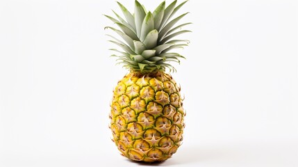 Craft an HD image of a perfect, vibrant pineapple with intricate textures, placed elegantly on a white background.