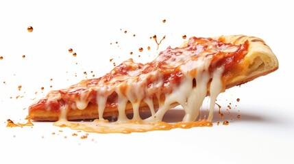 Craft an image of a delectable pizza slice, oozing with melted cheese, on a pure white background. - obrazy, fototapety, plakaty