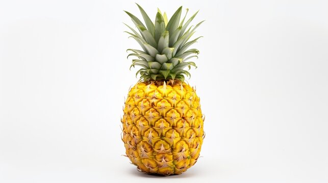 Craft an HD image of a perfect, vibrant pineapple with intricate textures, placed elegantly on a white background.