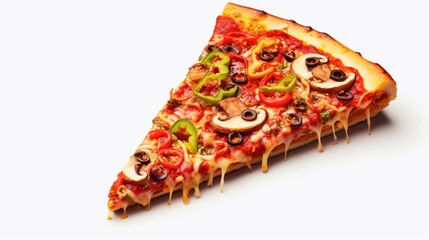 Craft an irresistible pizza slice with intricate details, contrasting beautifully with a white...