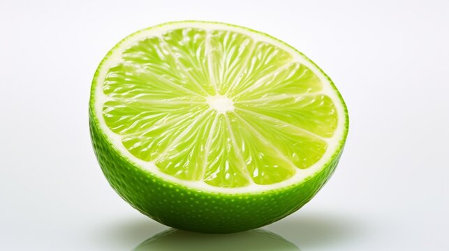 Create a captivating image of a vibrant green lime, its textured skin and zesty appeal captured flawlessly on a clean white background.