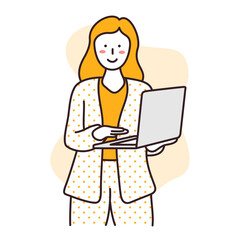 Businesswoman standing holding laptop flat style illustration 