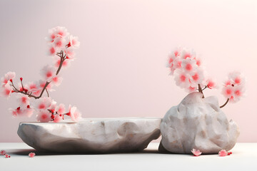 Japanese style architect stone podium cosmetics with Sakura flower a branch background, For branding and product display presentation, 3d Empty minimal stage identity and packaging design, ai generate