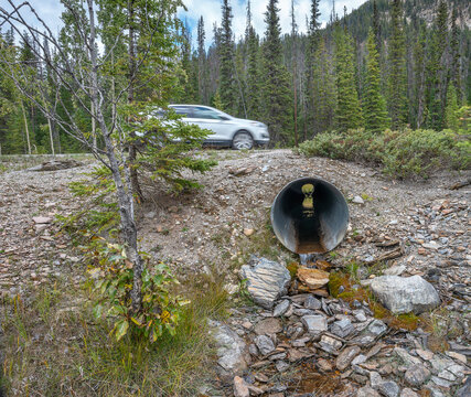 A car drives over a roadway culvert in Yoho National Park, British Columbia, Canada