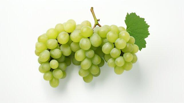 Create a lifelike depiction of a bunch of green, seedless grapes, showcasing their freshness on a pure white canvas.