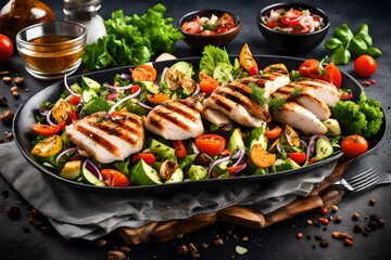 Grilled chicken , fillet and fresh vegetable salad. Healthy lunch menu