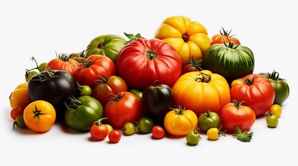 Create an HD representation of a colorful array of heirloom tomatoes on an isolated white background.