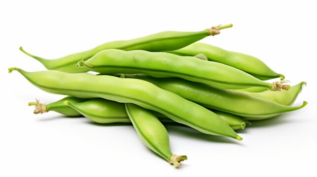 Create an HD picture showcasing the natural beauty of a cluster of green beans on an isolated white background.