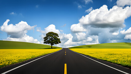asphalt road panorama in countryside on sunny spring day