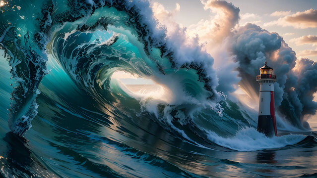 Colorful Ocean Wave. Sea water in crest shape. Sunset light and beautiful clouds on background