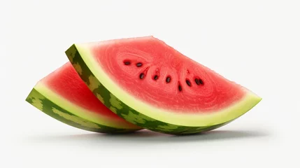 Foto op Plexiglas Generate a realistic image of a juicy watermelon slice glistening with freshness against a pure white background. © Hanzala