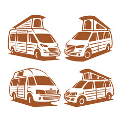 Set of RV recreational vehicle silhouette. Camper van motorhome vector collection