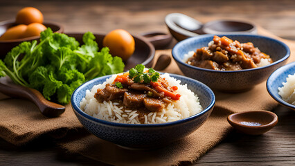 Obraz premium close up of stewed pork over cooked rice in Taiwan