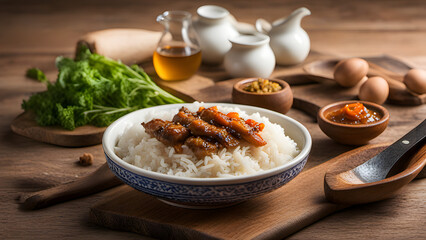 close up of stewed pork over cooked rice in Taiwan