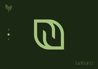 Sleek and fresh, the letter N gracefully incorporates a leaf symbol, epitomizing nature, growth, and a revitalizing connection with simplicity